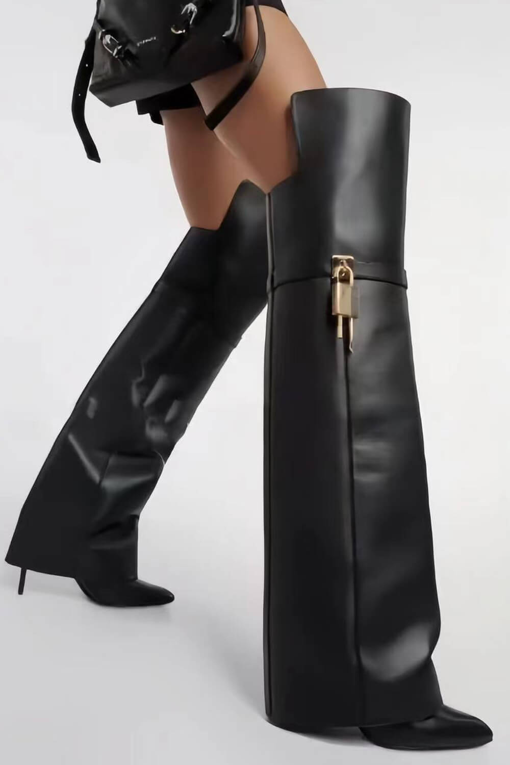 Padlock Detail Folded Thigh High Long Stiletto Heel Boots