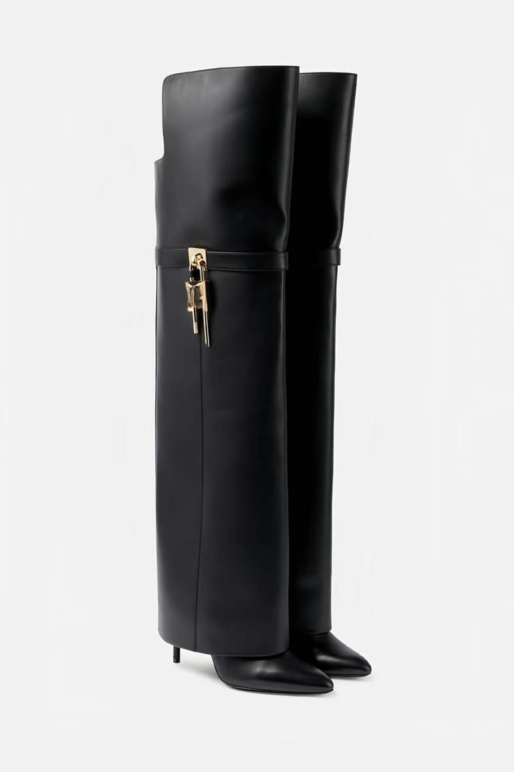 Padlock Detail Folded Thigh High Long Stiletto Heel Boots
