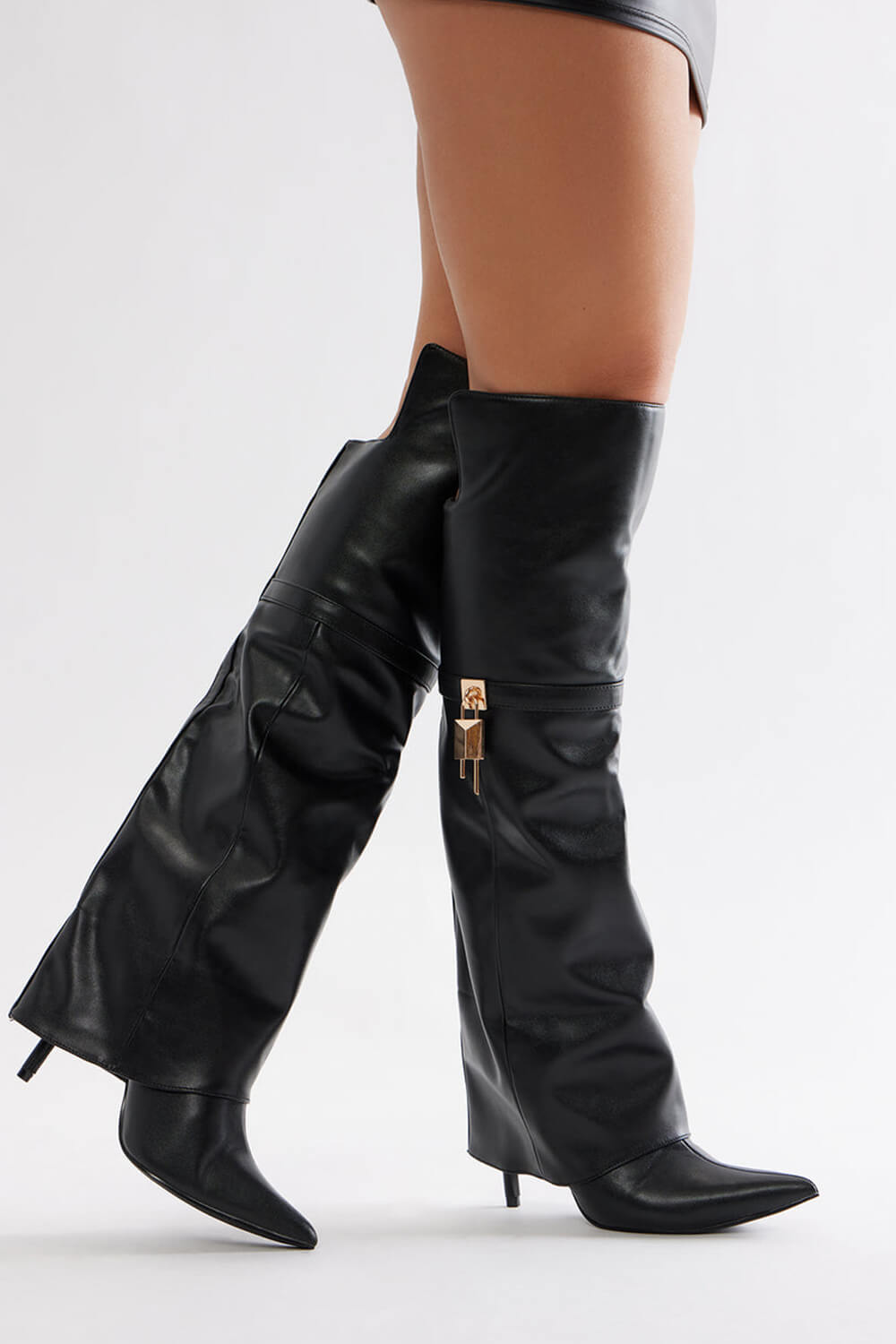 Padlock Detail Folded Thigh High Long Stiletto Heel Boots