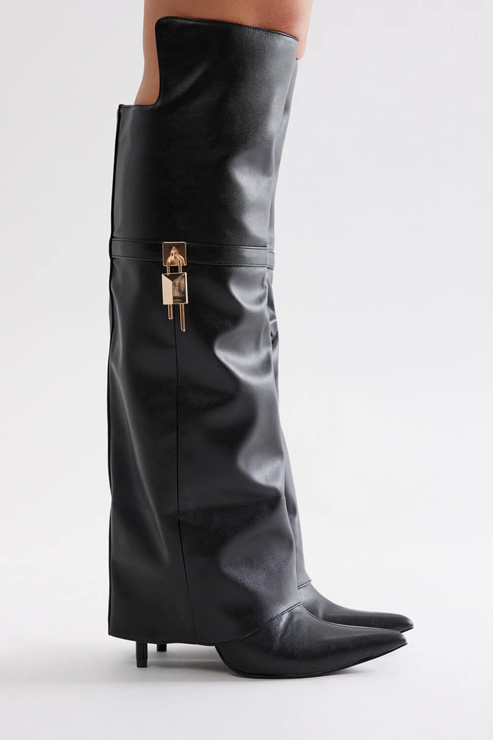 Padlock Detail Folded Thigh High Long Stiletto Heel Boots