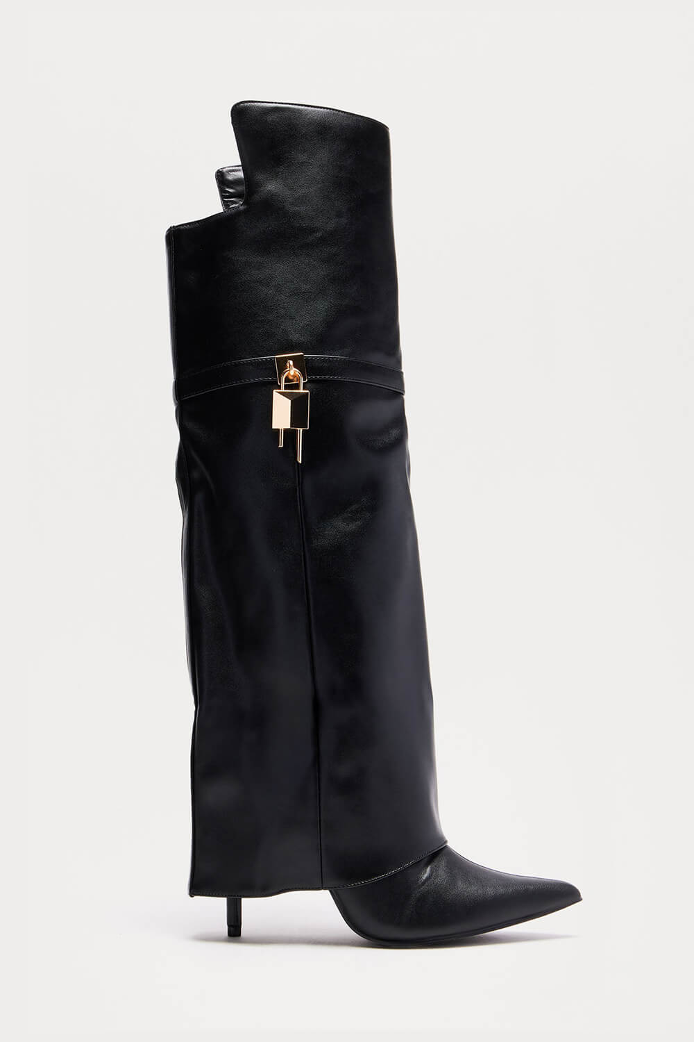 Padlock Detail Folded Thigh High Long Stiletto Heel Boots