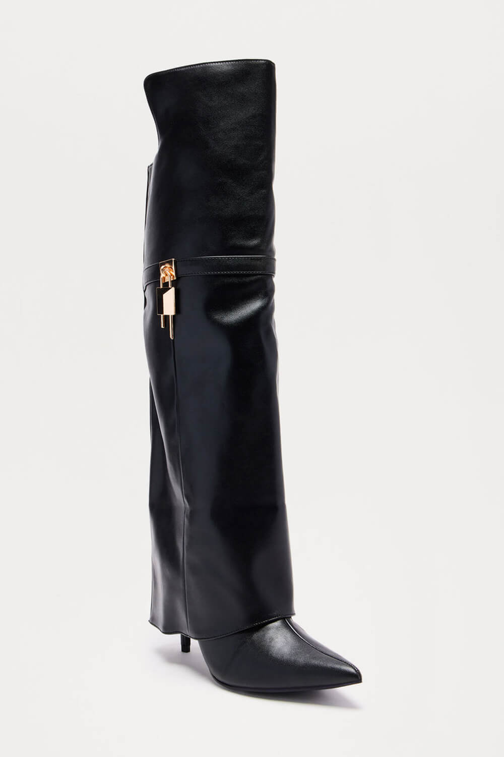 Padlock Detail Folded Thigh High Long Stiletto Heel Boots