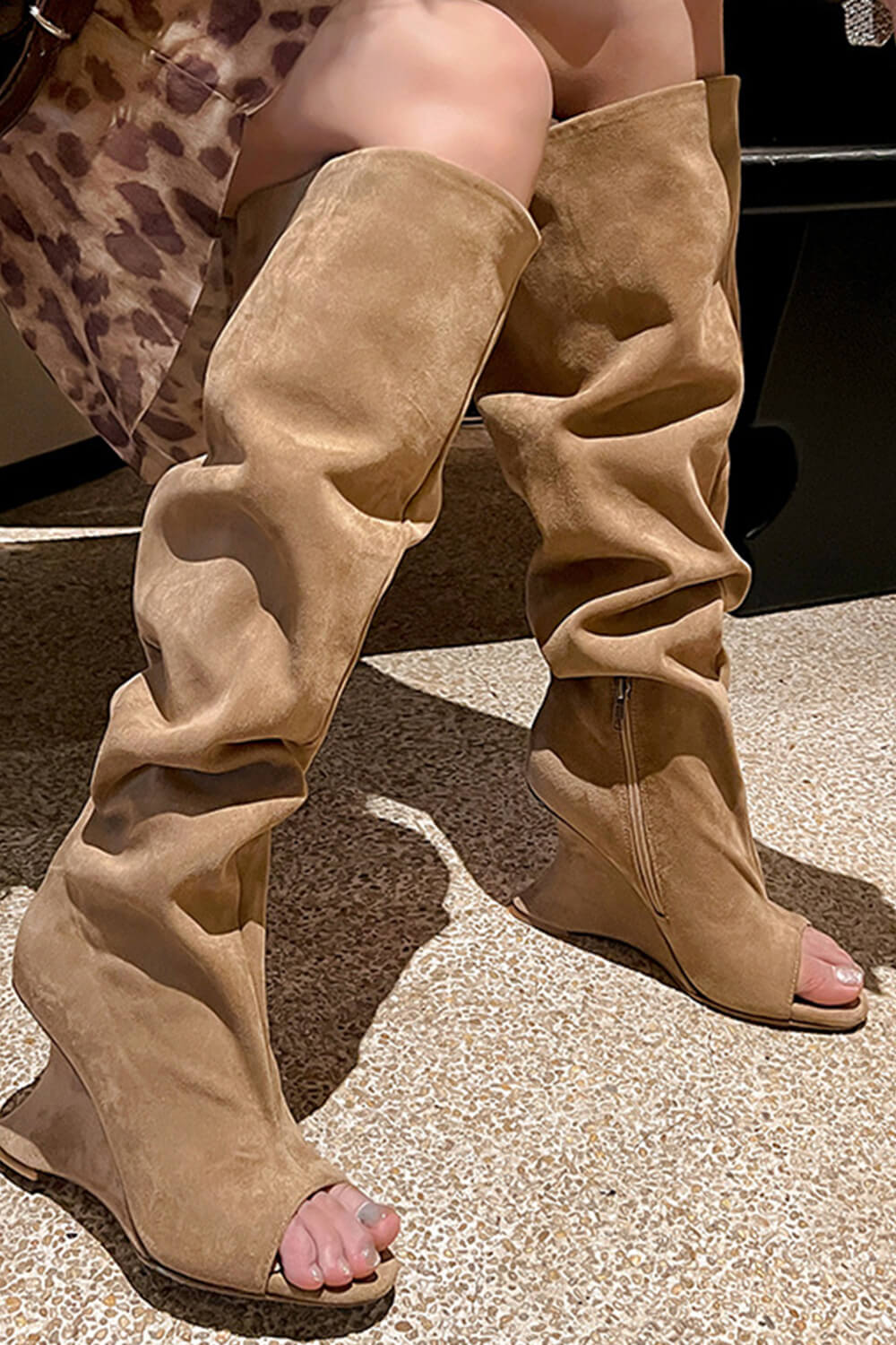 Faux Suede Slouch Cantilever Peep Toe Knee High Boots