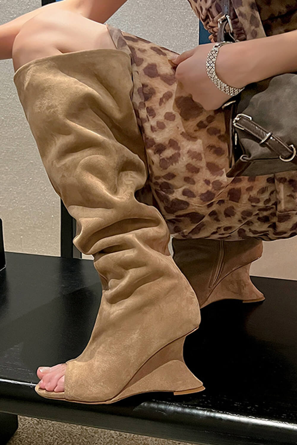 Faux Suede Slouch Cantilever Peep Toe Knee High Boots