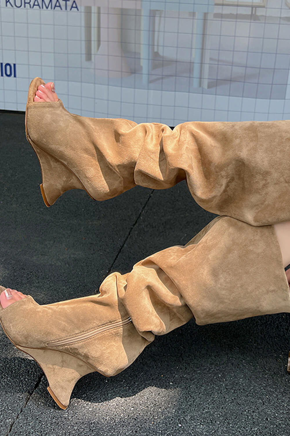 Faux Suede Slouch Cantilever Peep Toe Knee High Boots