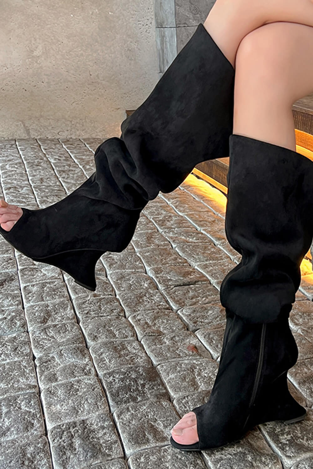 Faux Suede Slouch Cantilever Peep Toe Knee High Boots