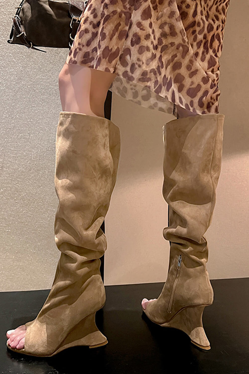 Faux Suede Slouch Cantilever Peep Toe Knee High Boots