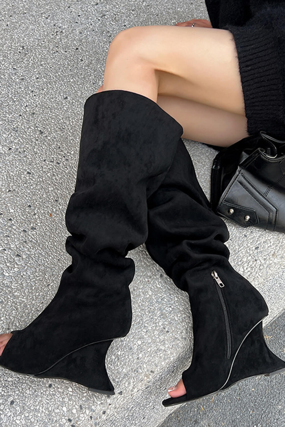Faux Suede Slouch Cantilever Peep Toe Knee High Boots