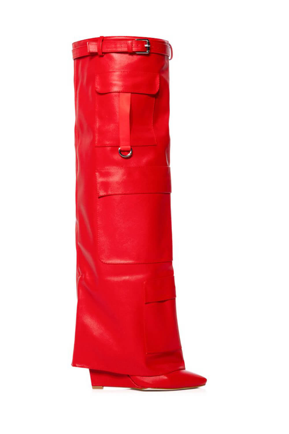 Belted Fold Over Thigh High Wedge Boot With Flap Pockets