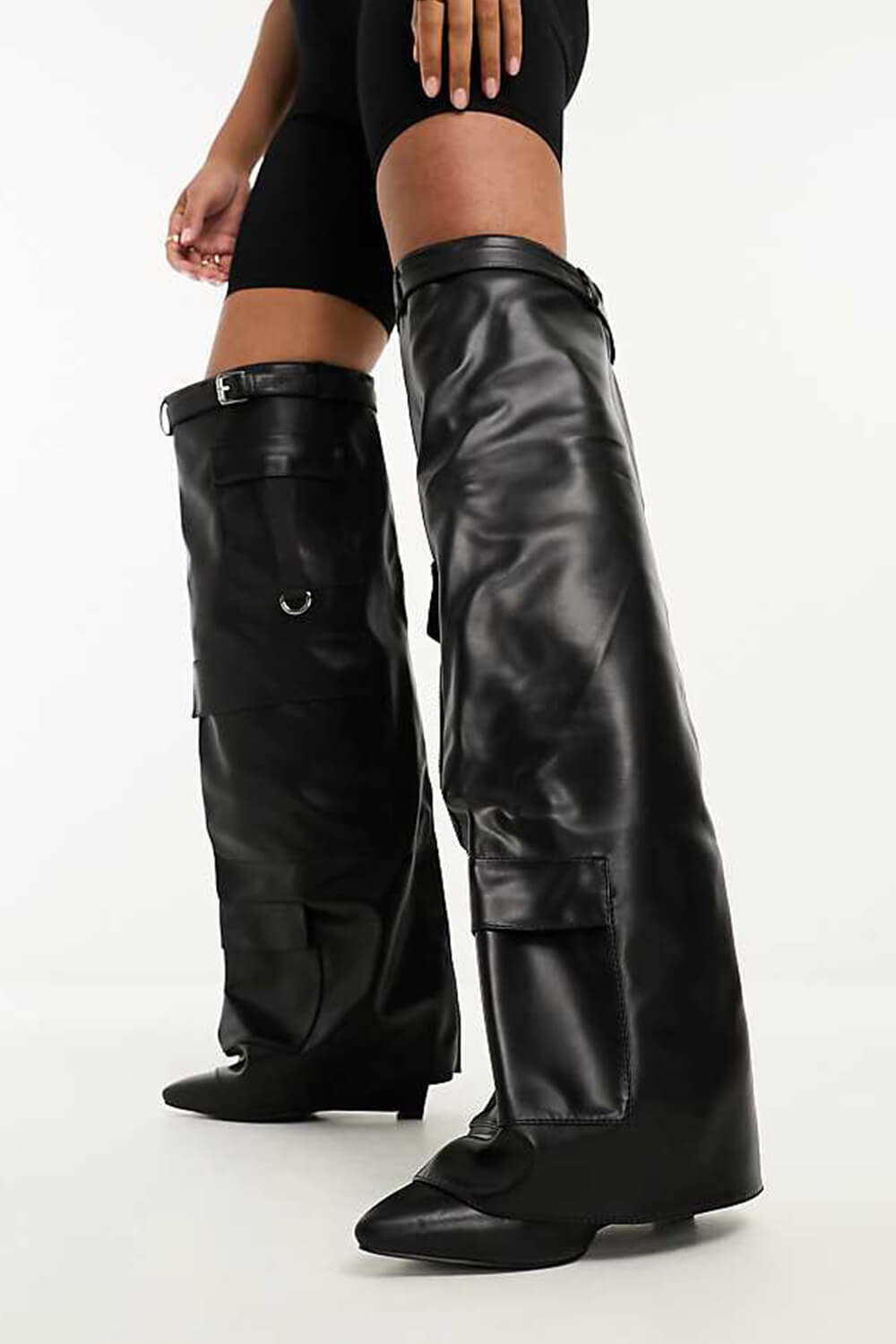 Belted Fold Over Thigh High Wedge Boot With Flap Pockets