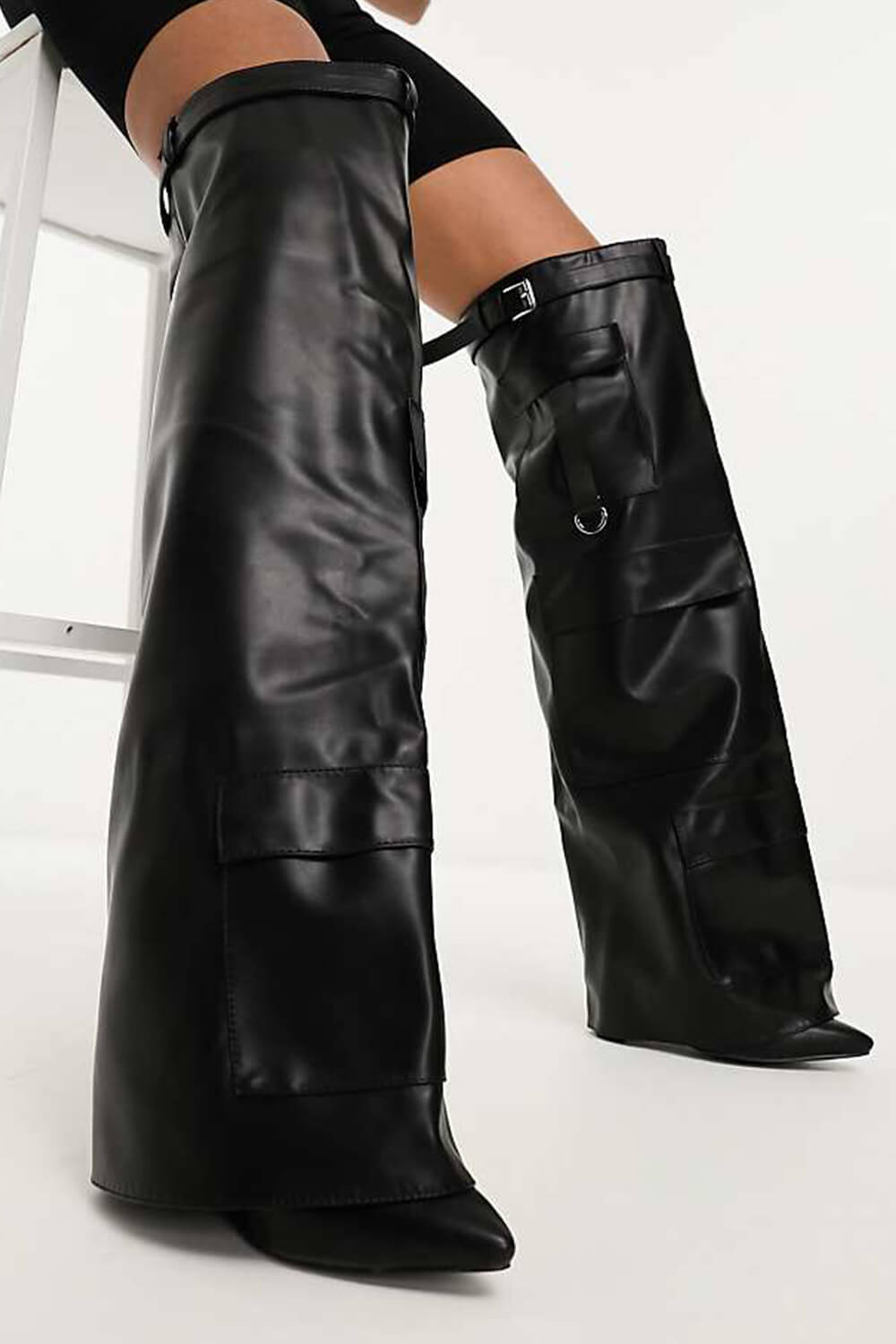 Belted Fold Over Thigh High Wedge Boot With Flap Pockets