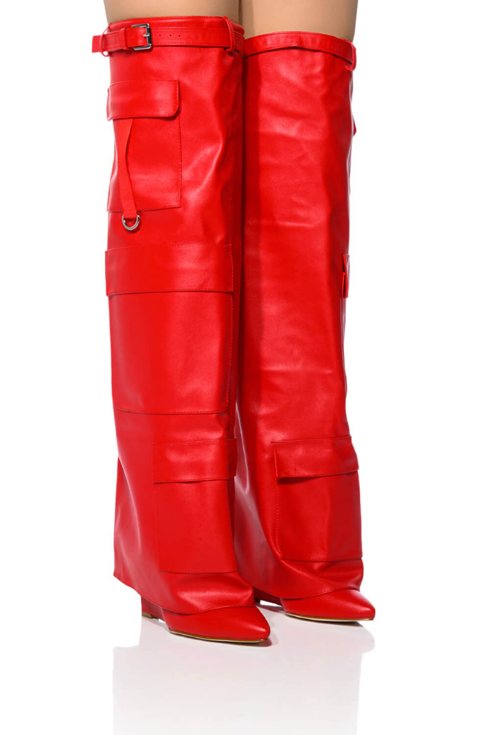 Belted Fold Over Thigh High Wedge Boot With Flap Pockets