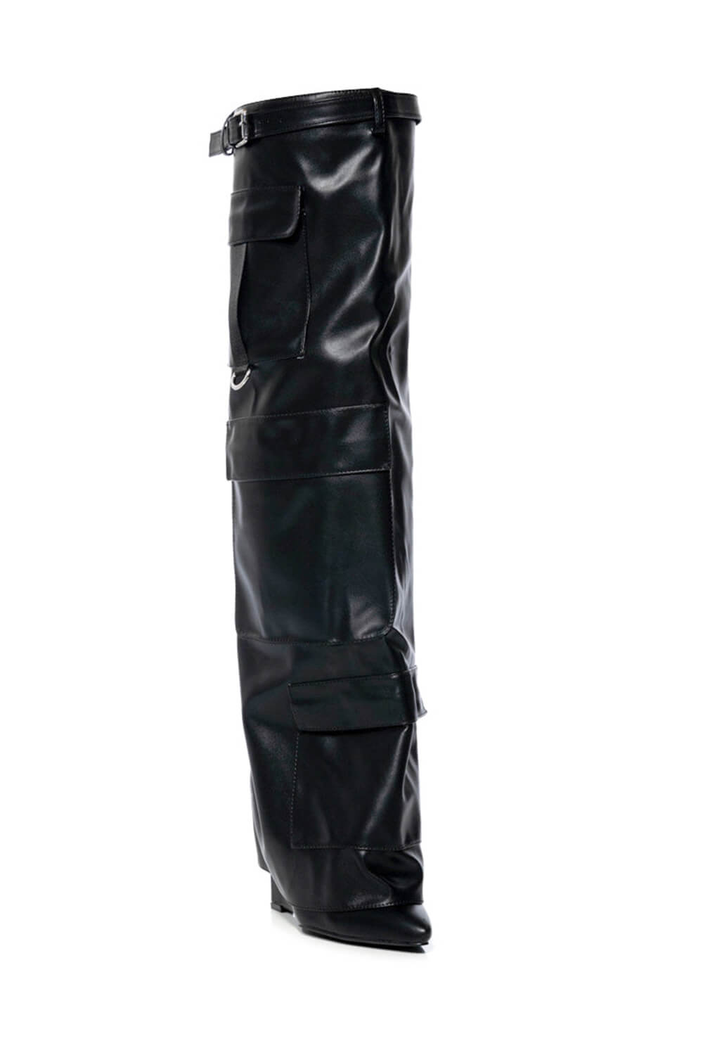 Belted Fold Over Thigh High Wedge Boot With Flap Pockets