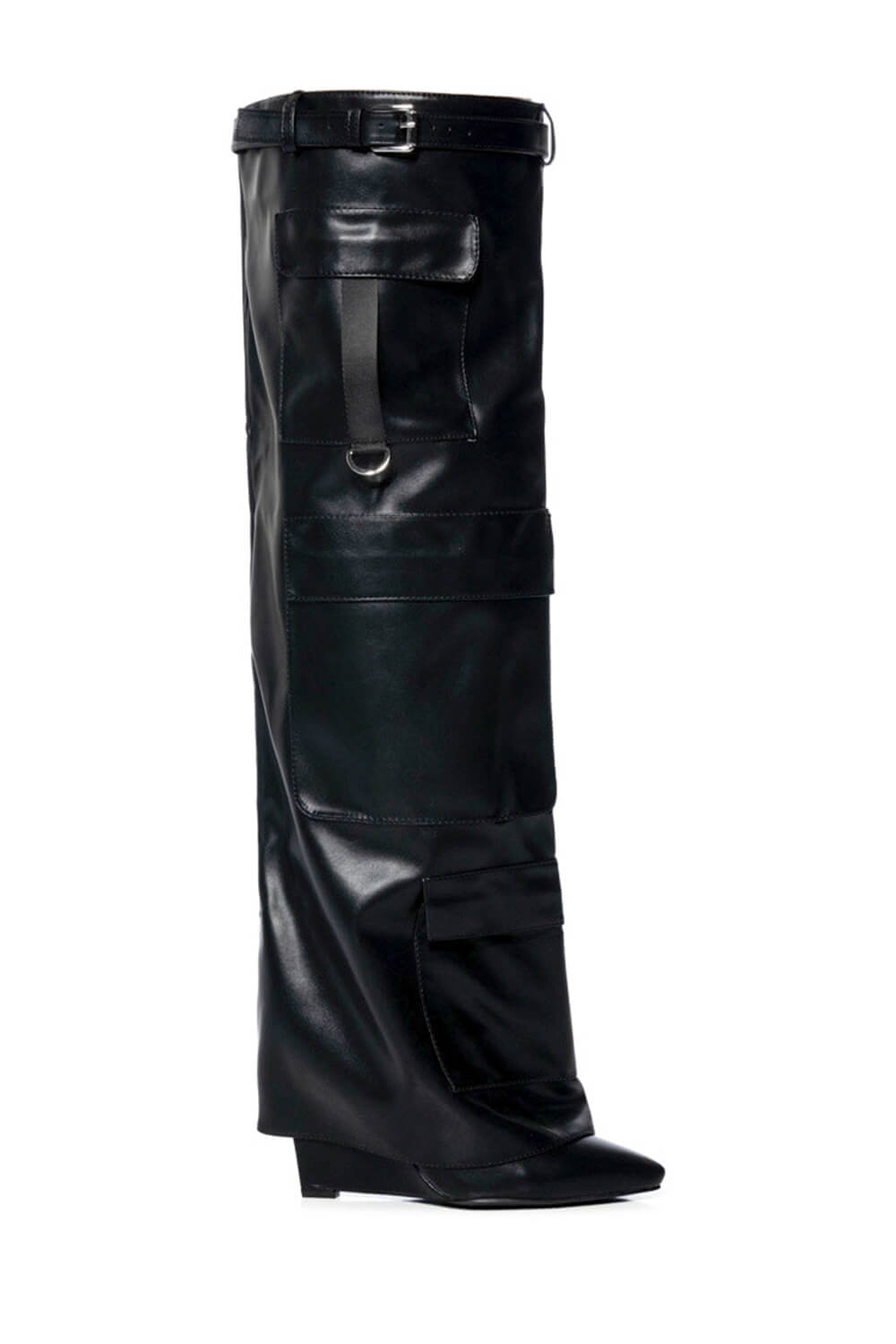 Belted Fold Over Thigh High Wedge Boot With Flap Pockets