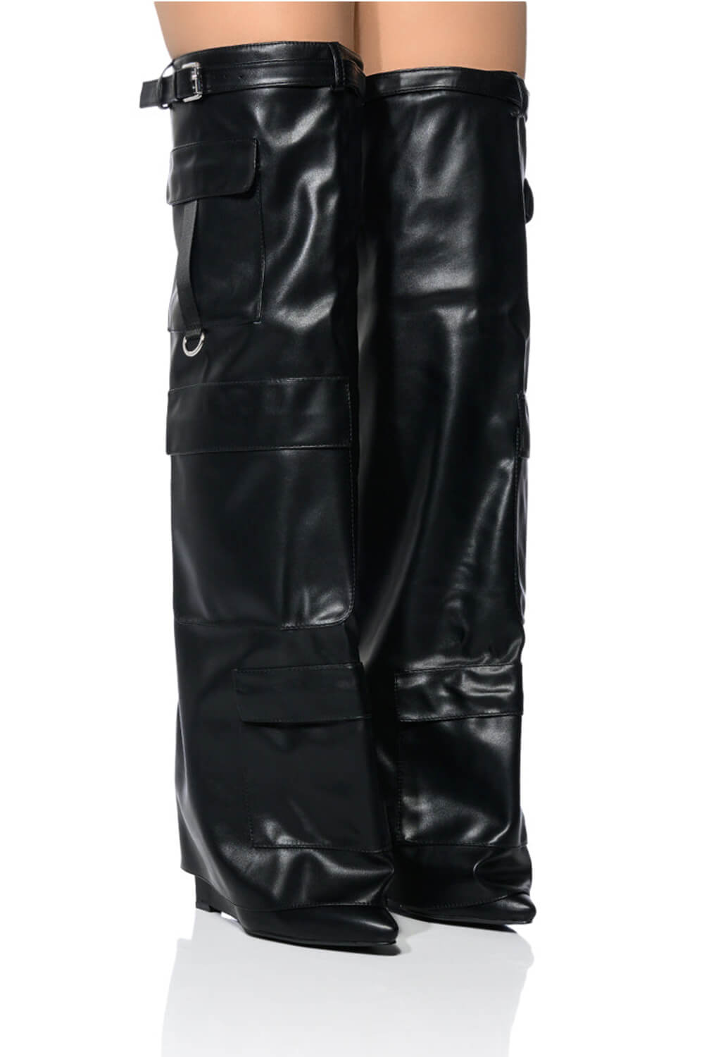 Belted Fold Over Thigh High Wedge Boot With Flap Pockets