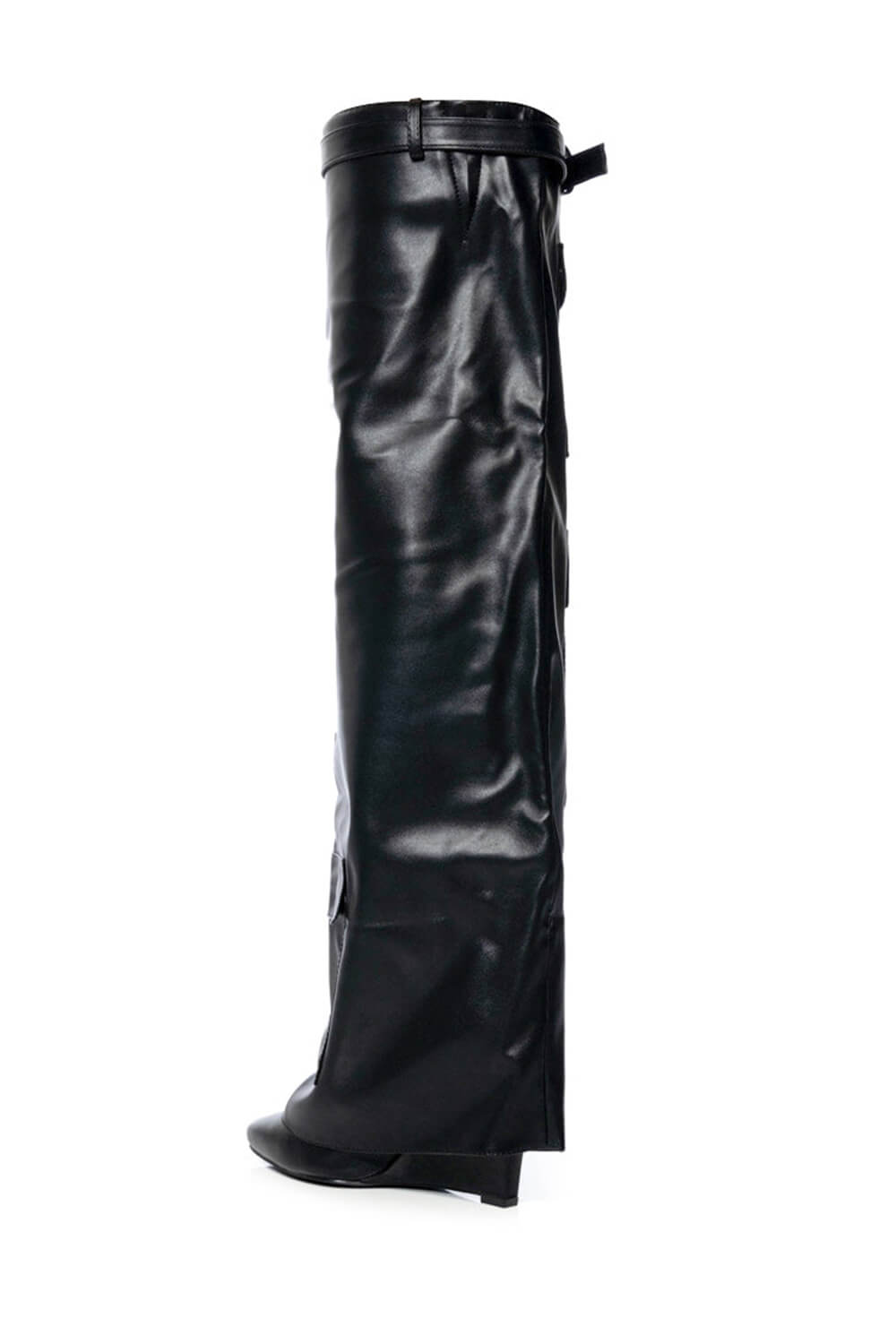 Belted Fold Over Thigh High Wedge Boot With Flap Pockets