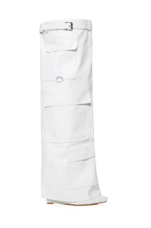 Belted Fold Over Thigh High Wedge Boot With Flap Pockets