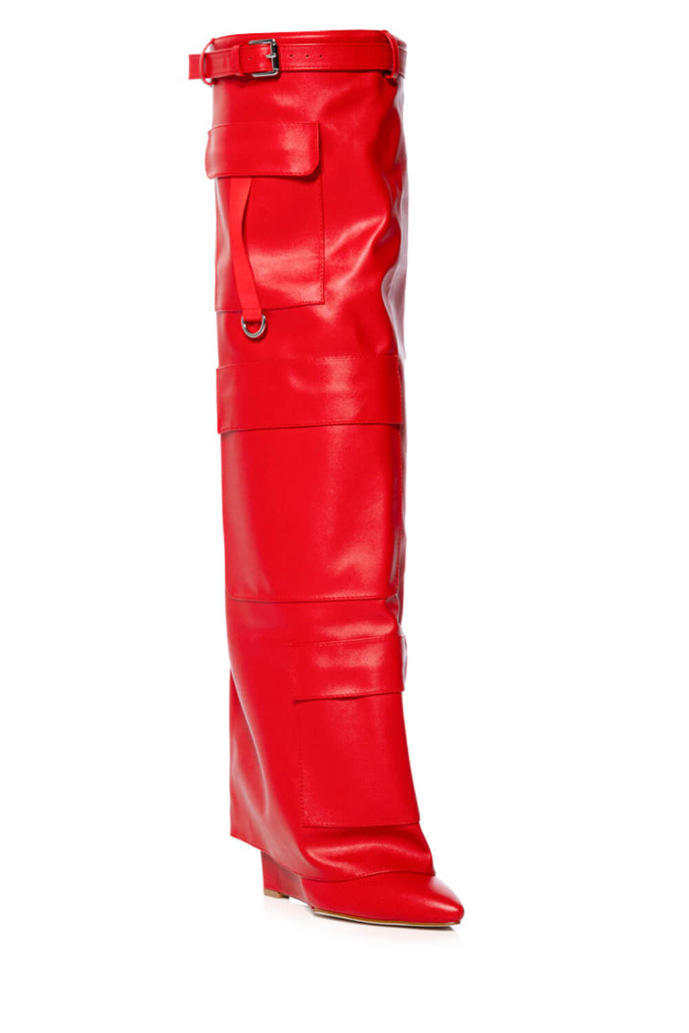 Belted Fold Over Thigh High Wedge Boot With Flap Pockets