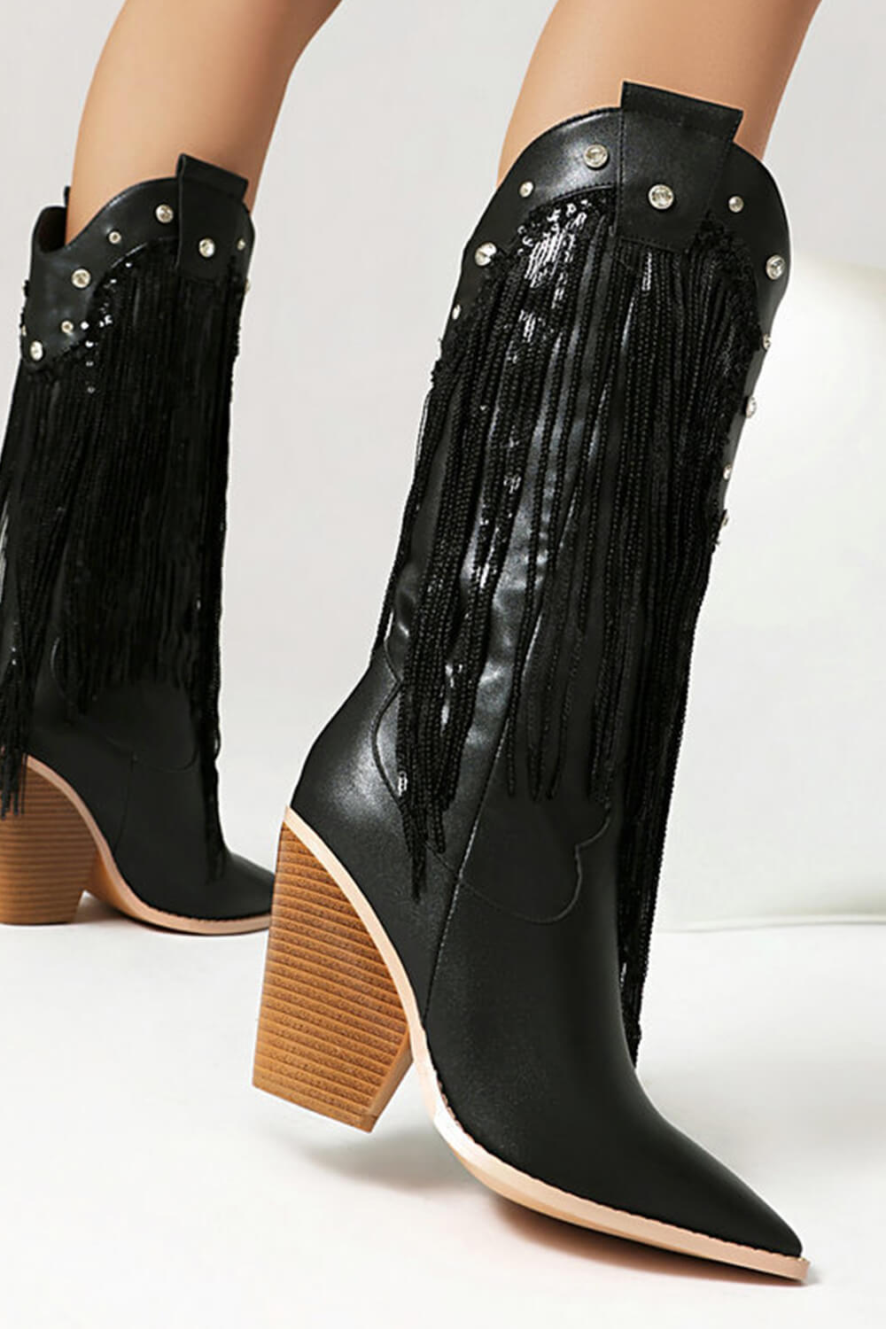 Sequin Embellished Fringe Western Cowgirl Mid-Calf Pointed Toe Block Heel Boots