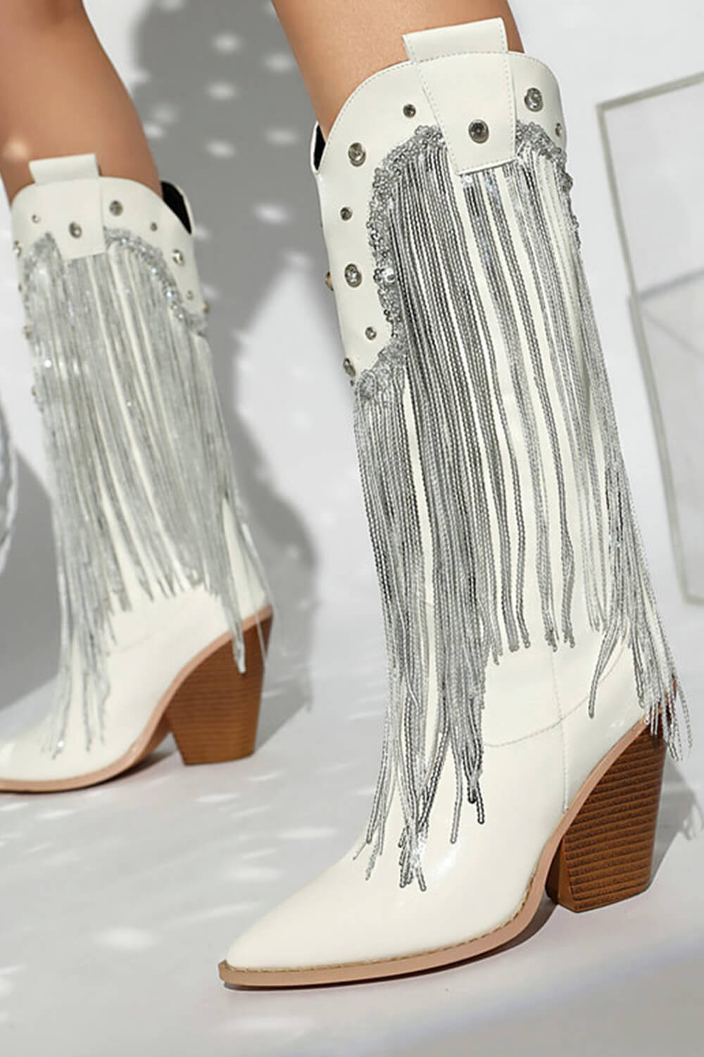 Sequin Embellished Fringe Western Cowgirl Mid-Calf Pointed Toe Block Heel Boots
