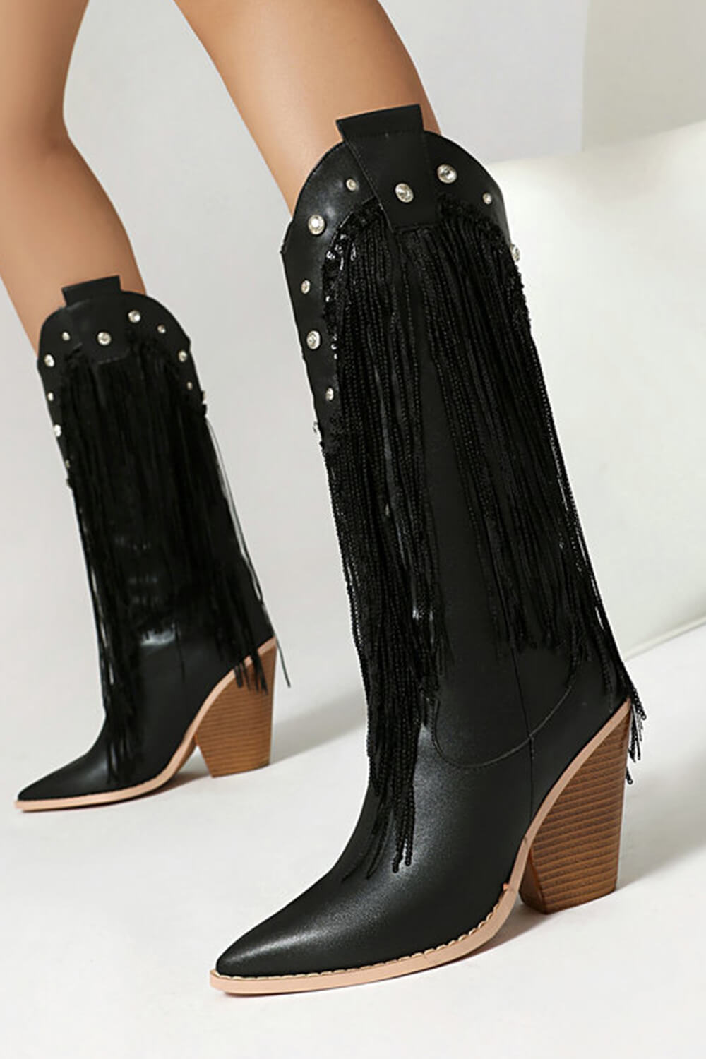 Sequin Embellished Fringe Western Cowgirl Mid-Calf Pointed Toe Block Heel Boots