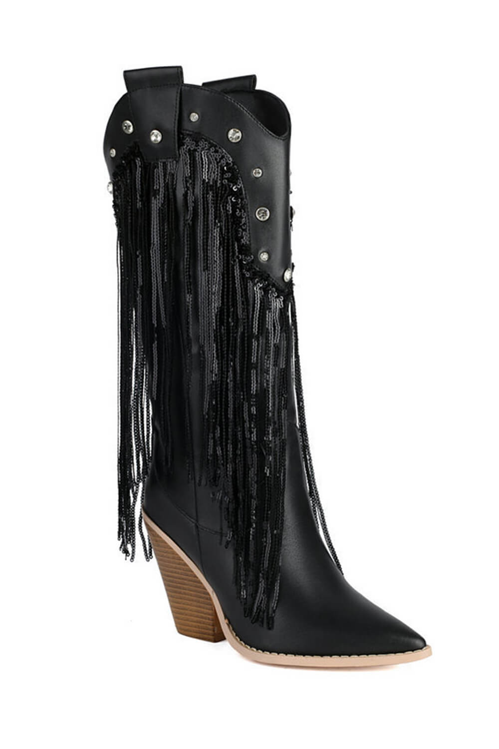 Sequin Embellished Fringe Western Cowgirl Mid-Calf Pointed Toe Block Heel Boots