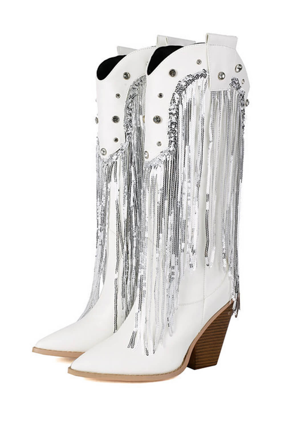 Sequin Embellished Fringe Western Cowgirl Mid-Calf Pointed Toe Block Heel Boots
