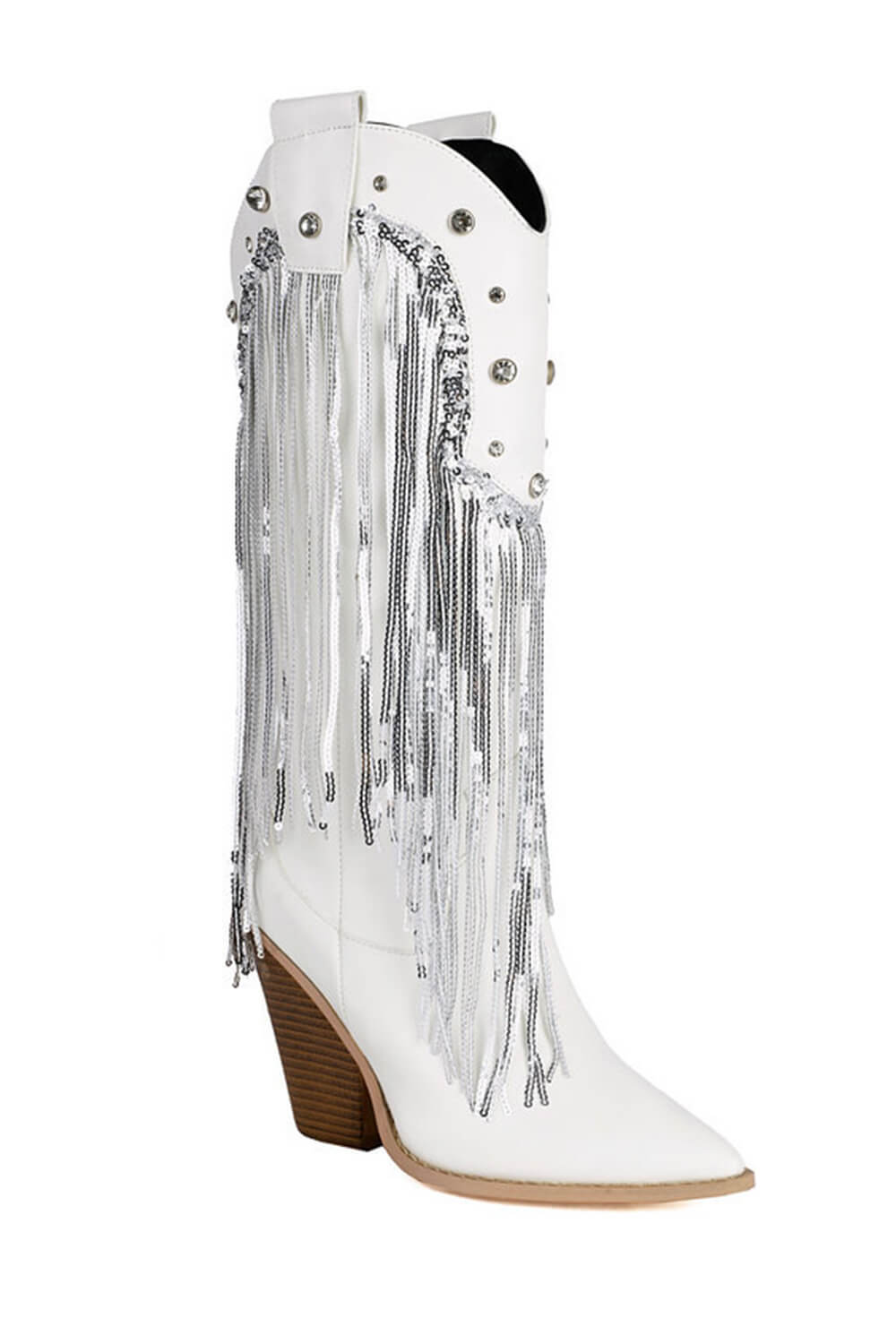 Sequin Embellished Fringe Western Cowgirl Mid-Calf Pointed Toe Block Heel Boots