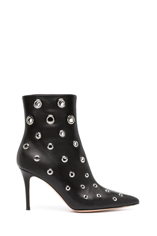 Eyelet-Embellished Pointed Toe Ankle Boots