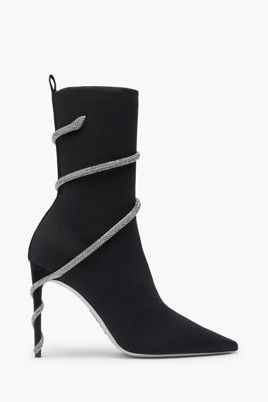 Snake-Embellished Ribbed Knit Pointed Toe Ankle Booties