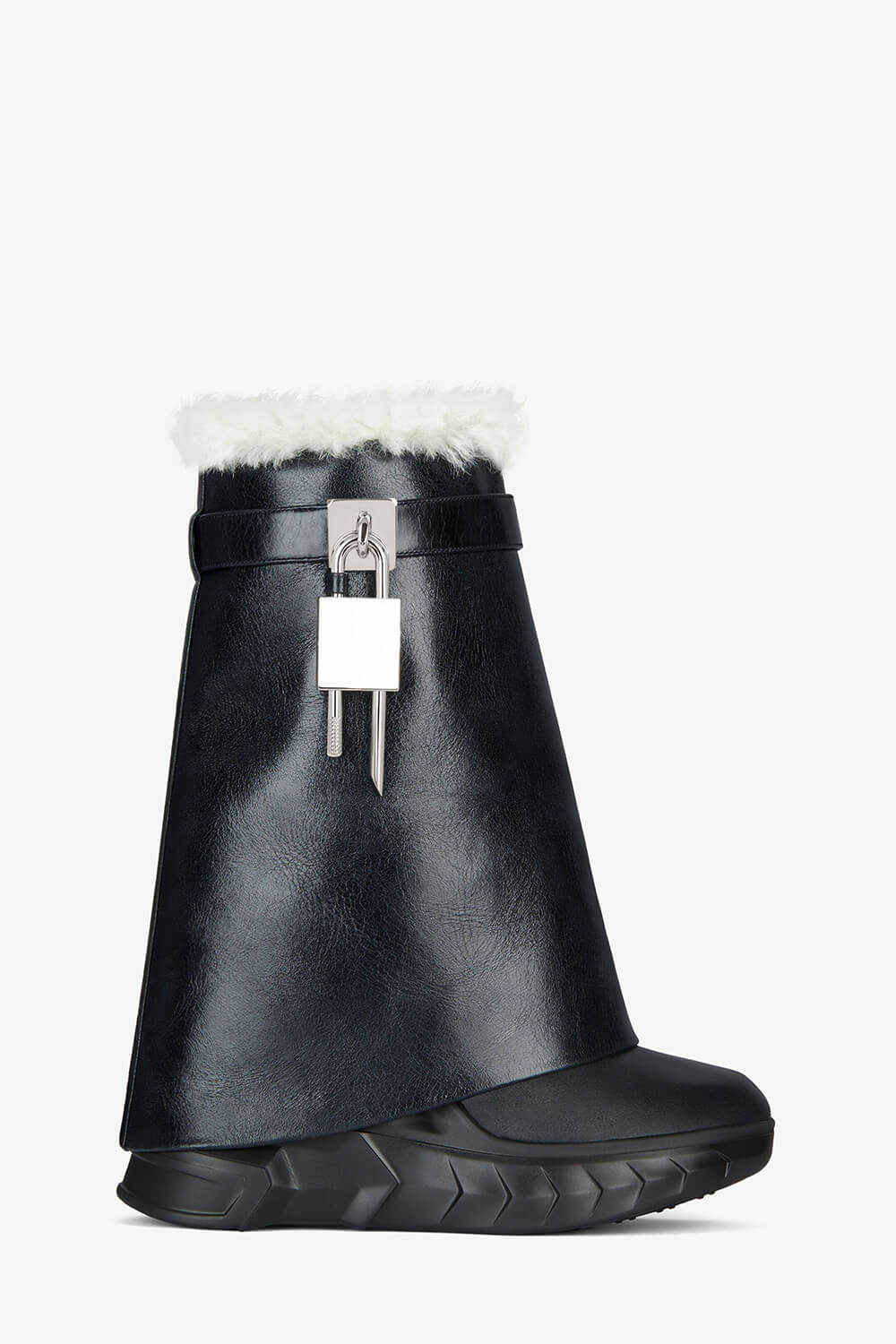 Faux Leather Padlock Detail Folded Chunky Sole Biker Mid-Calf Boots With Fur Lining