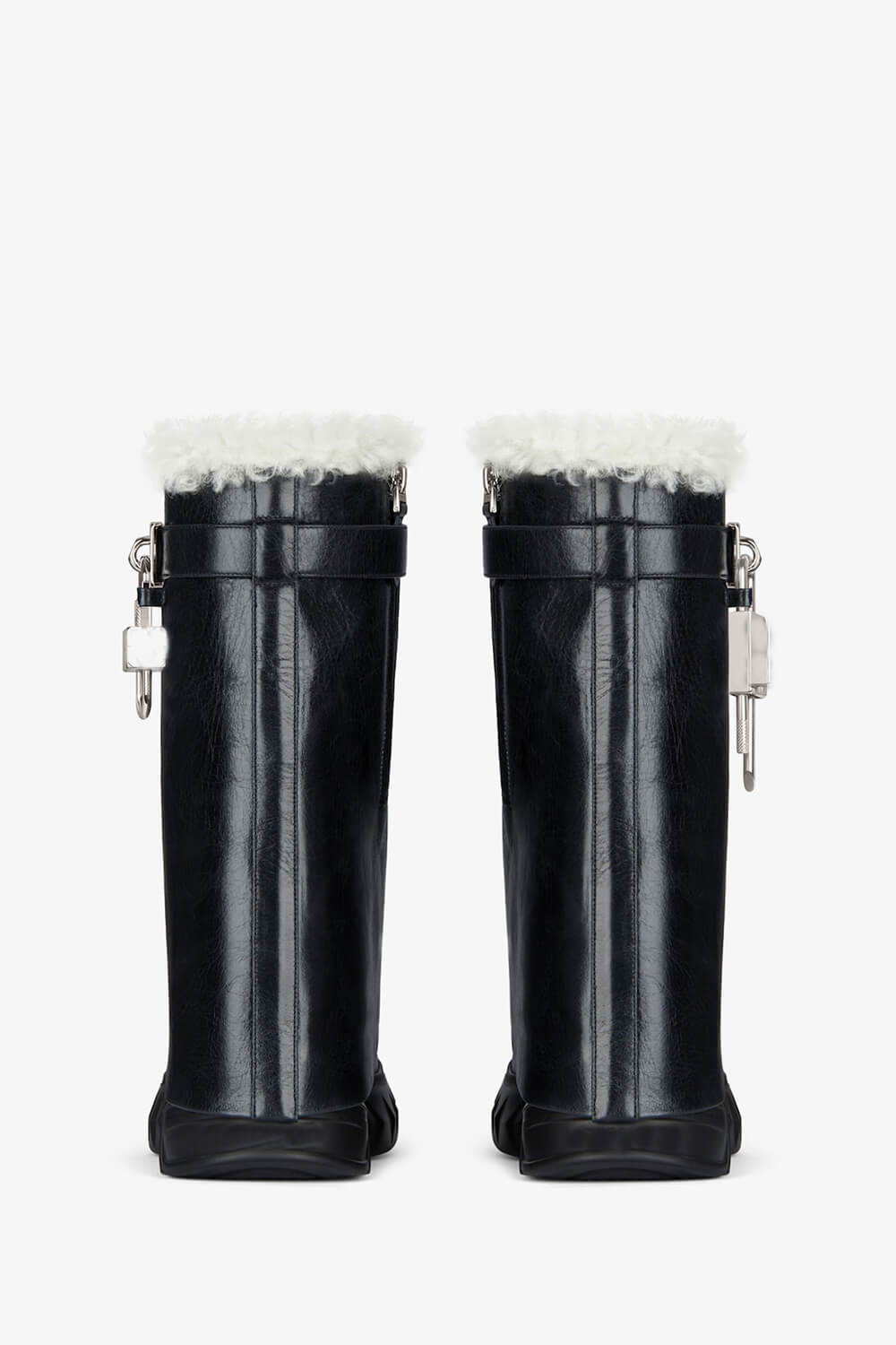 Faux Leather Padlock Detail Folded Chunky Sole Biker Mid-Calf Boots With Fur Lining