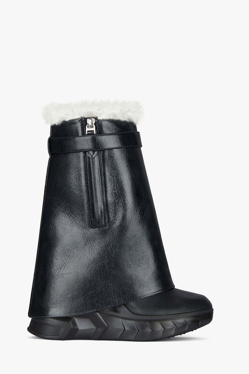 Faux Leather Padlock Detail Folded Chunky Sole Biker Mid-Calf Boots With Fur Lining