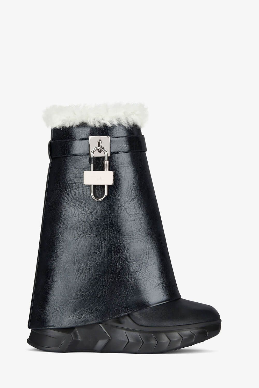 Faux Leather Padlock Detail Folded Chunky Sole Biker Mid-Calf Boots With Fur Lining