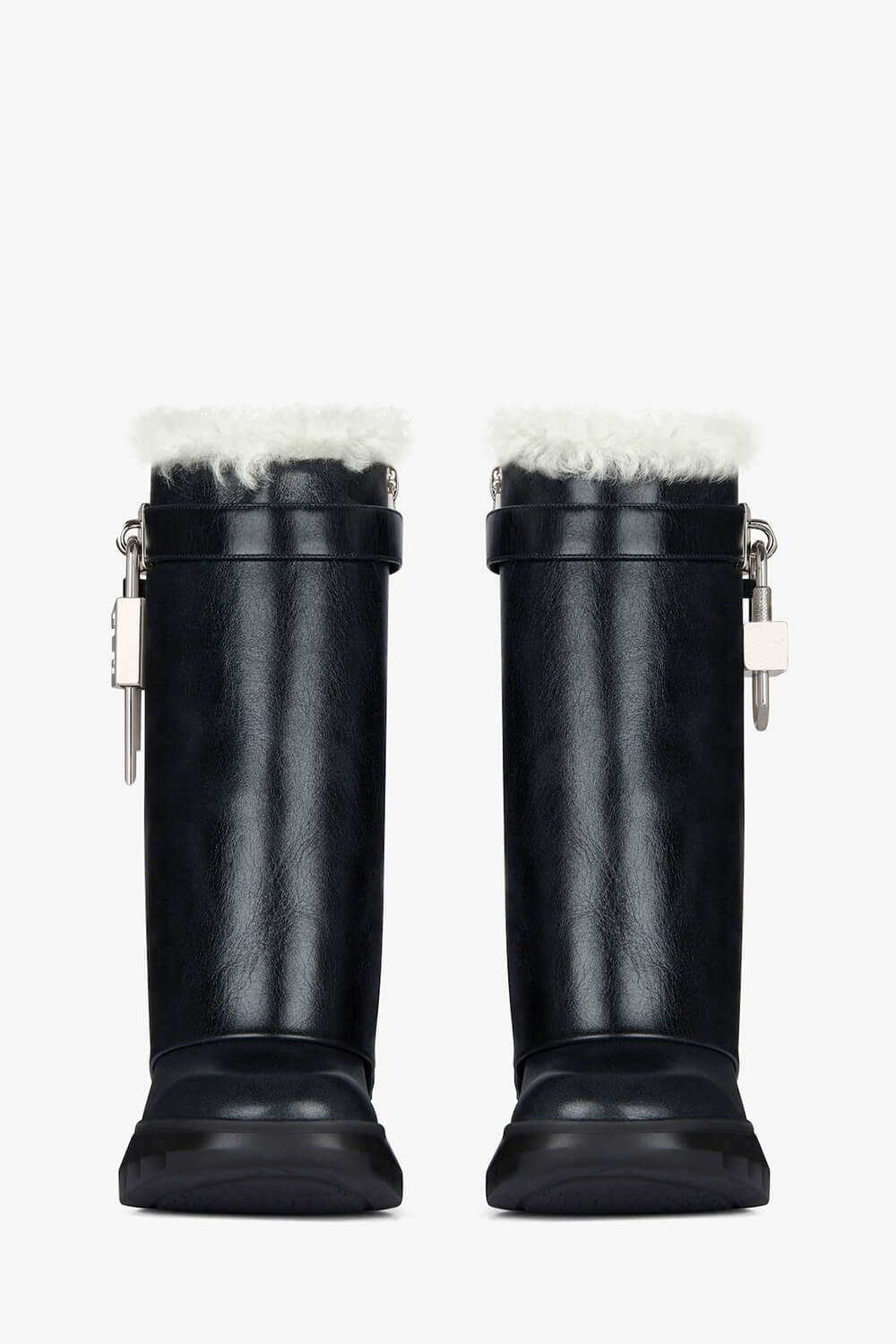 Faux Leather Padlock Detail Folded Chunky Sole Biker Mid-Calf Boots With Fur Lining