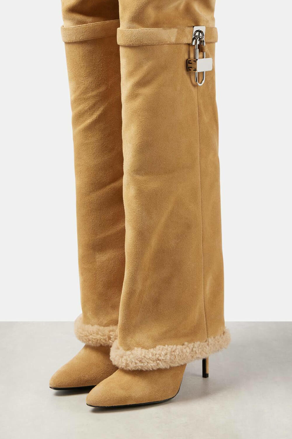 Metal Lock Suede Over-The-Knee Stiletto Boots -