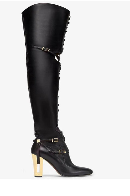 Calfskin Leather Buckle Belt Lace Up Cut Out Over-The-Knee Boots