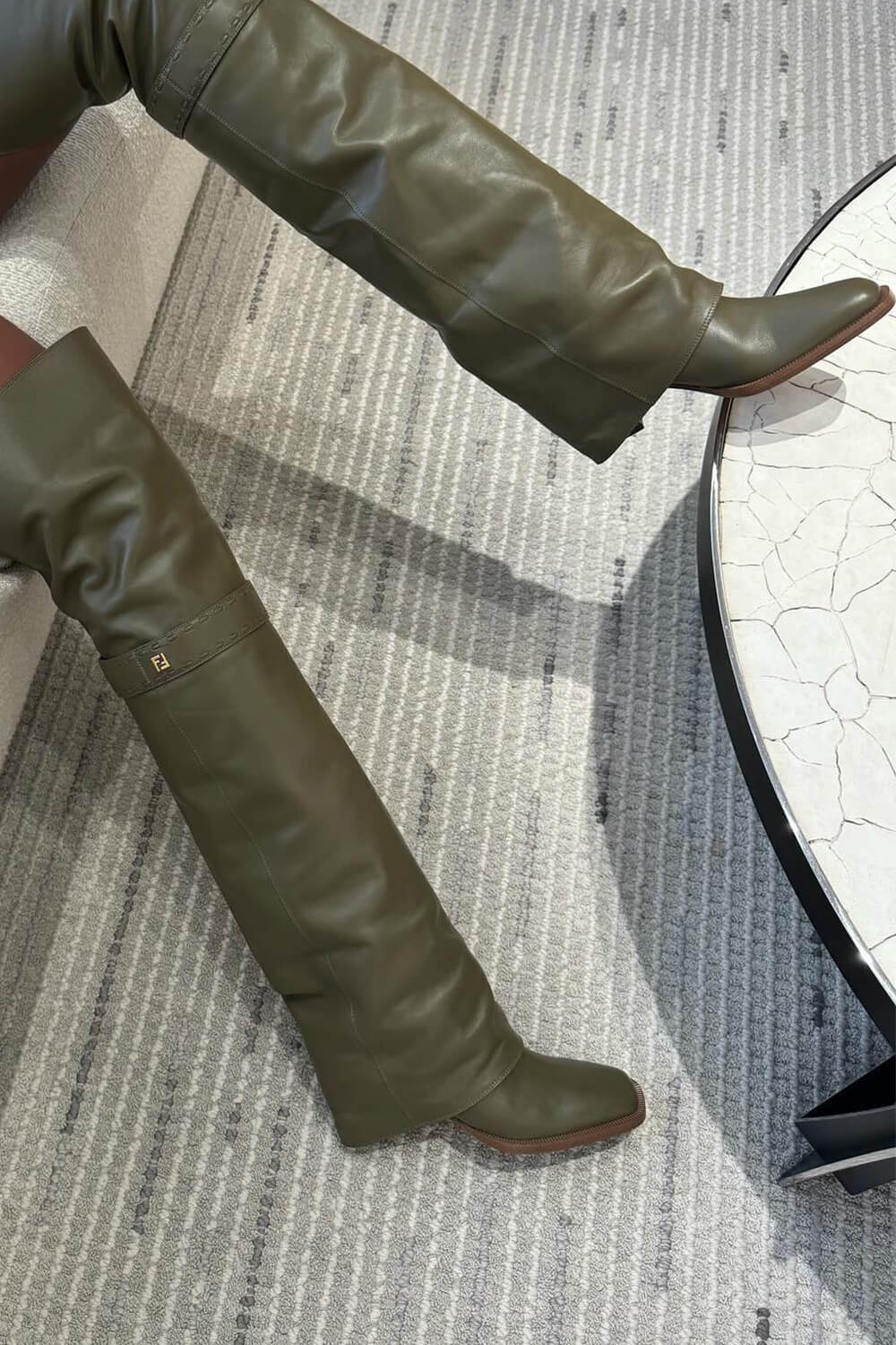 Strap Detail Folded Thigh High Long Block Heel Boots