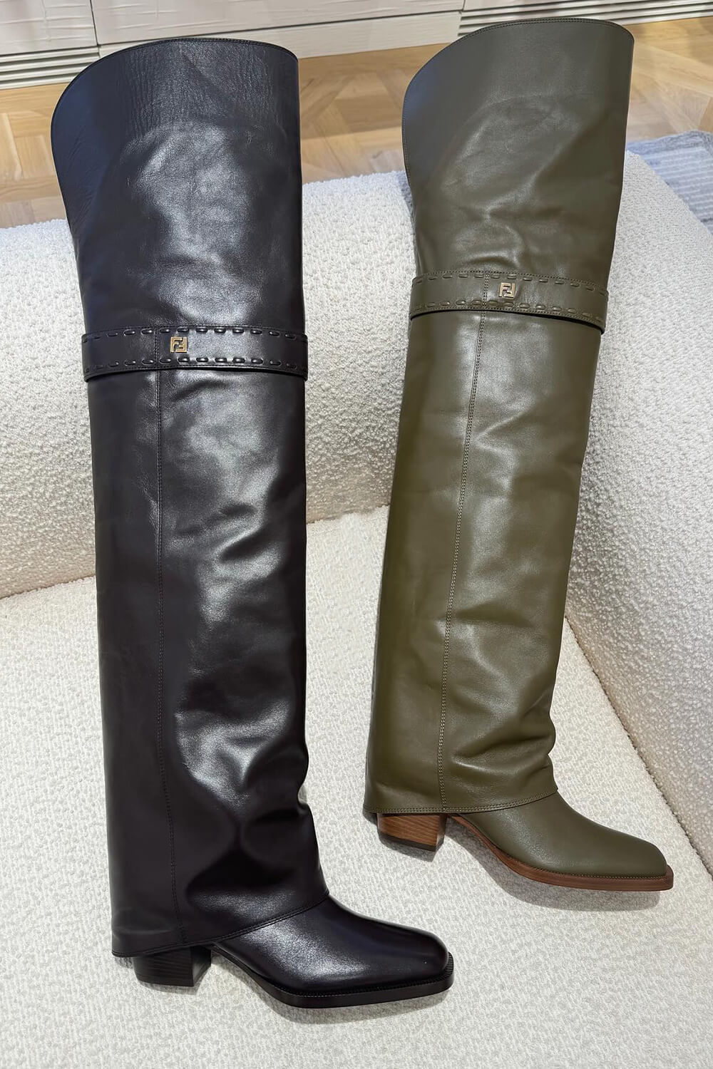 Strap Detail Folded Thigh High Long Block Heel Boots