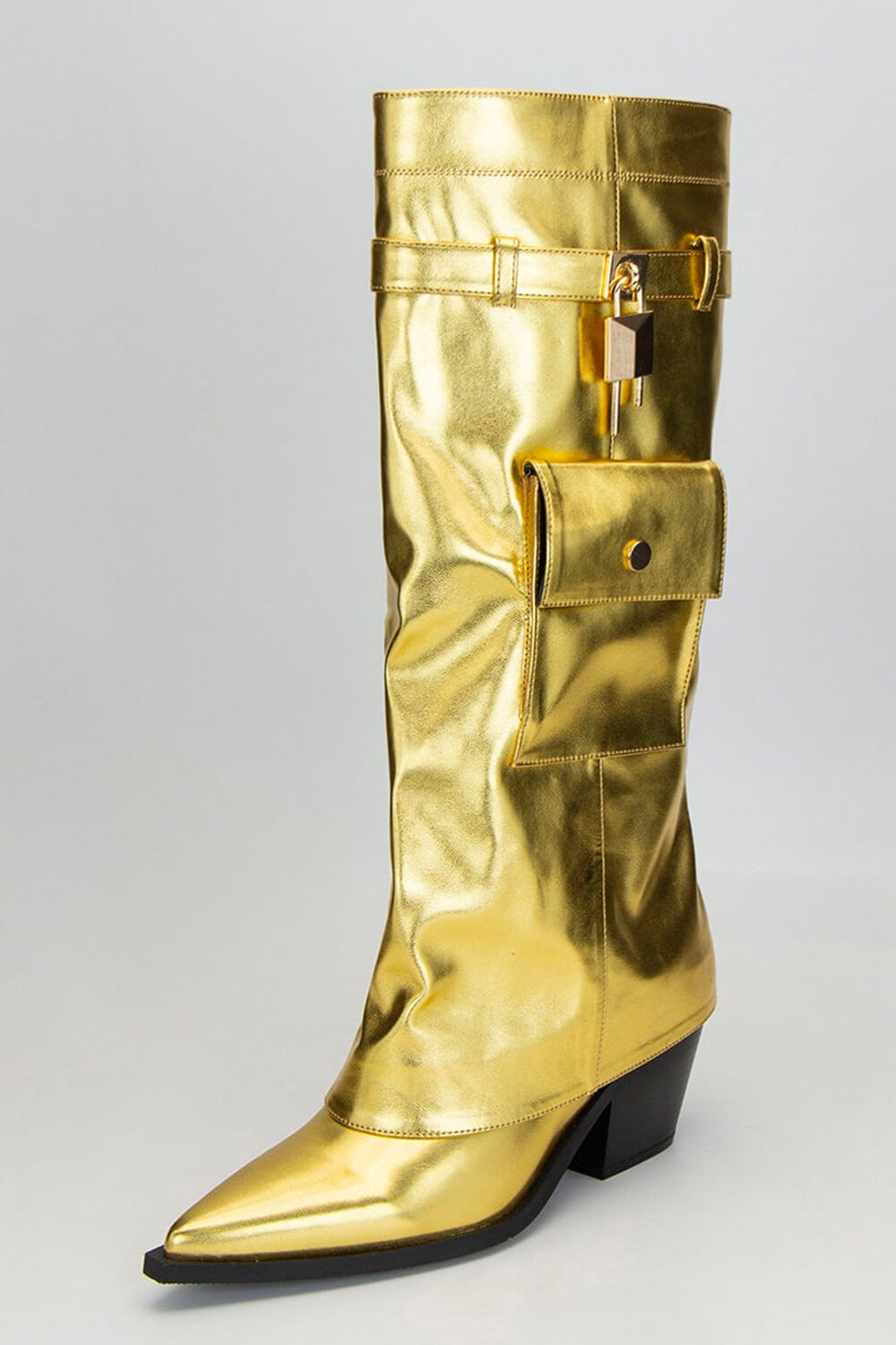 Metal Lock Pocket Detail Fold Over Pointed Toe Knee High Boots