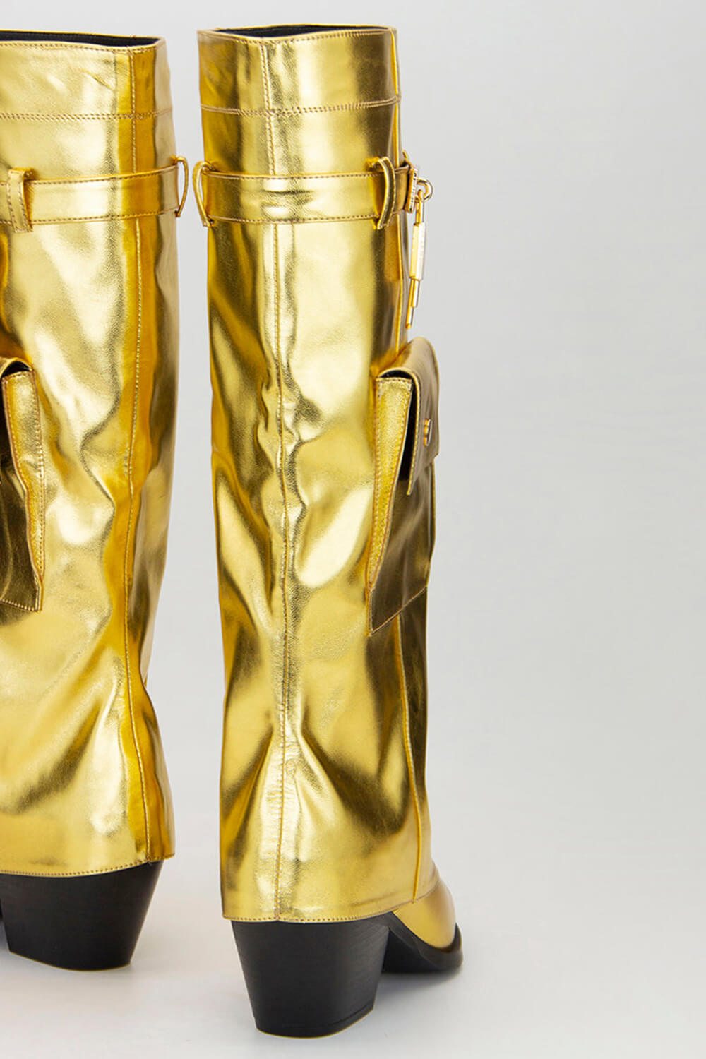 Metal Lock Pocket Detail Fold Over Pointed Toe Knee High Boots