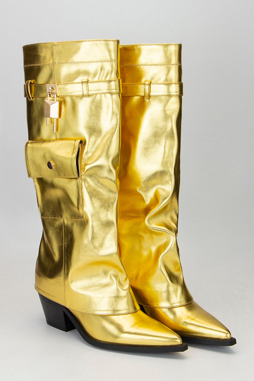 Metal Lock Pocket Detail Fold Over Pointed Toe Knee High Boots