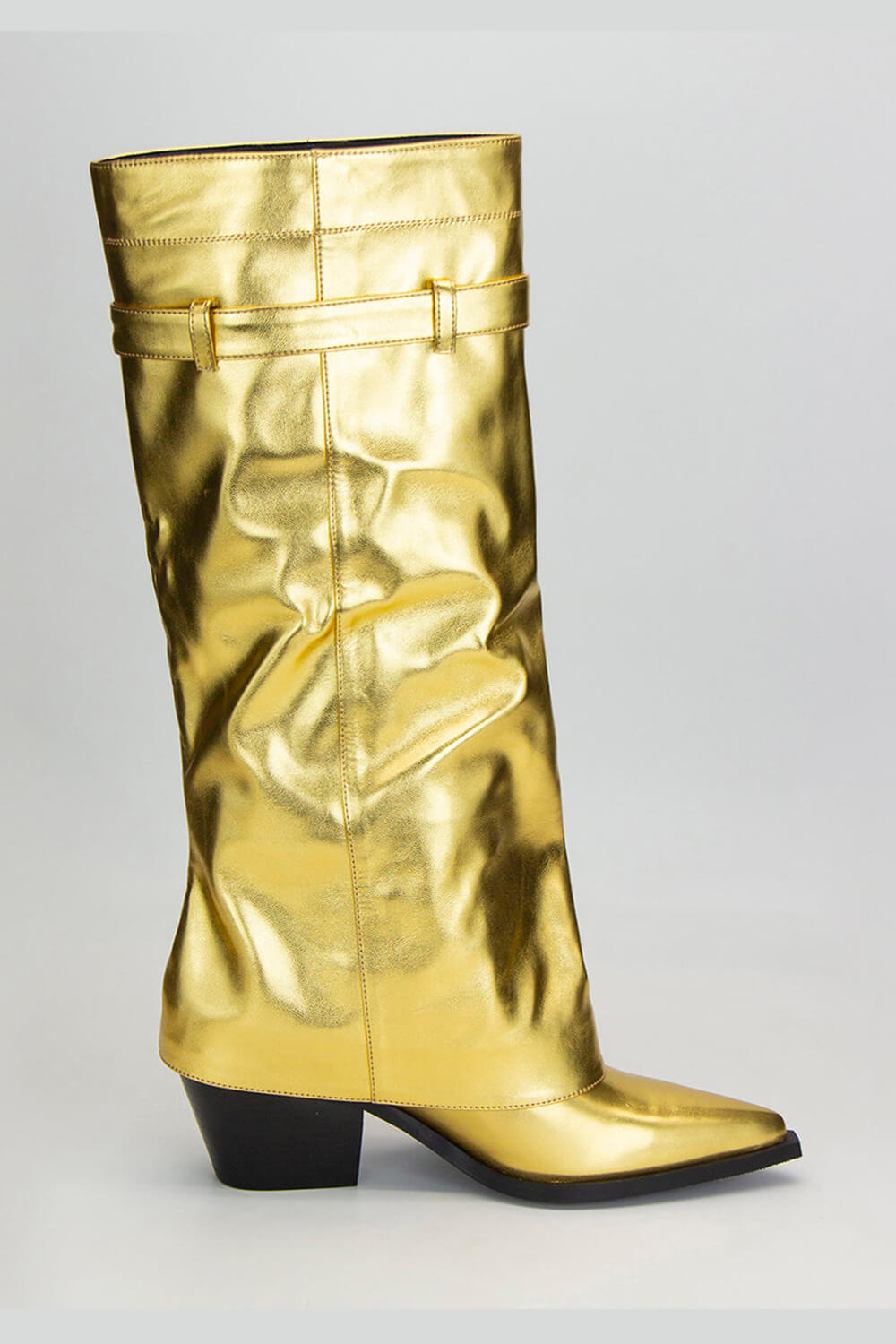 Metal Lock Pocket Detail Fold Over Pointed Toe Knee High Boots