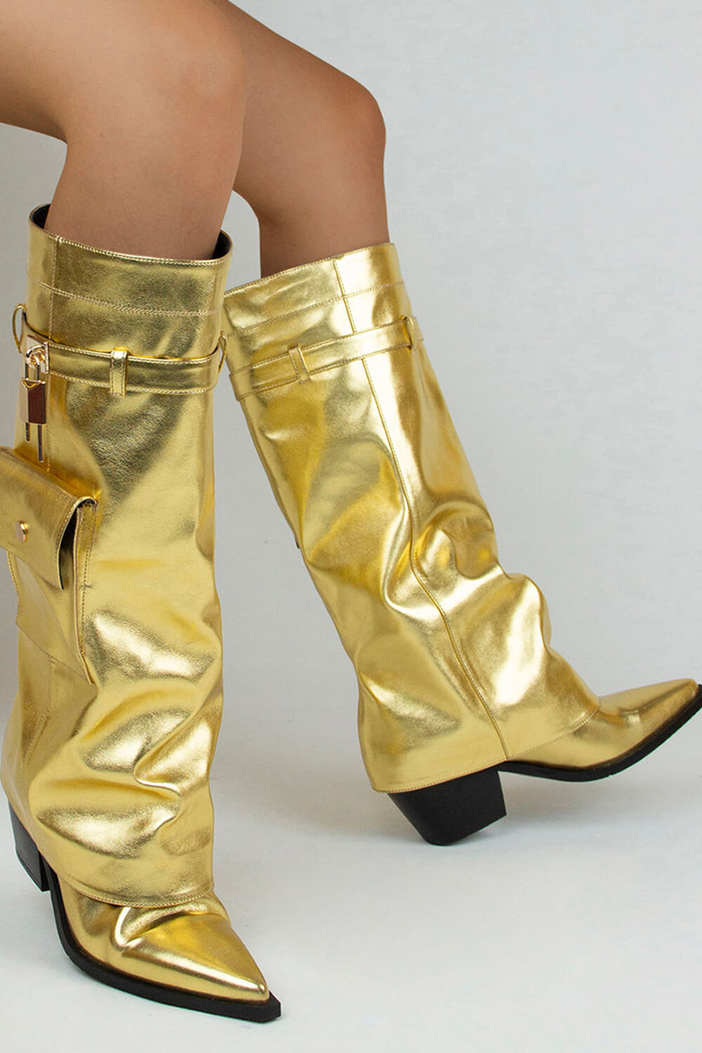 Metal Lock Pocket Detail Fold Over Pointed Toe Knee High Boots