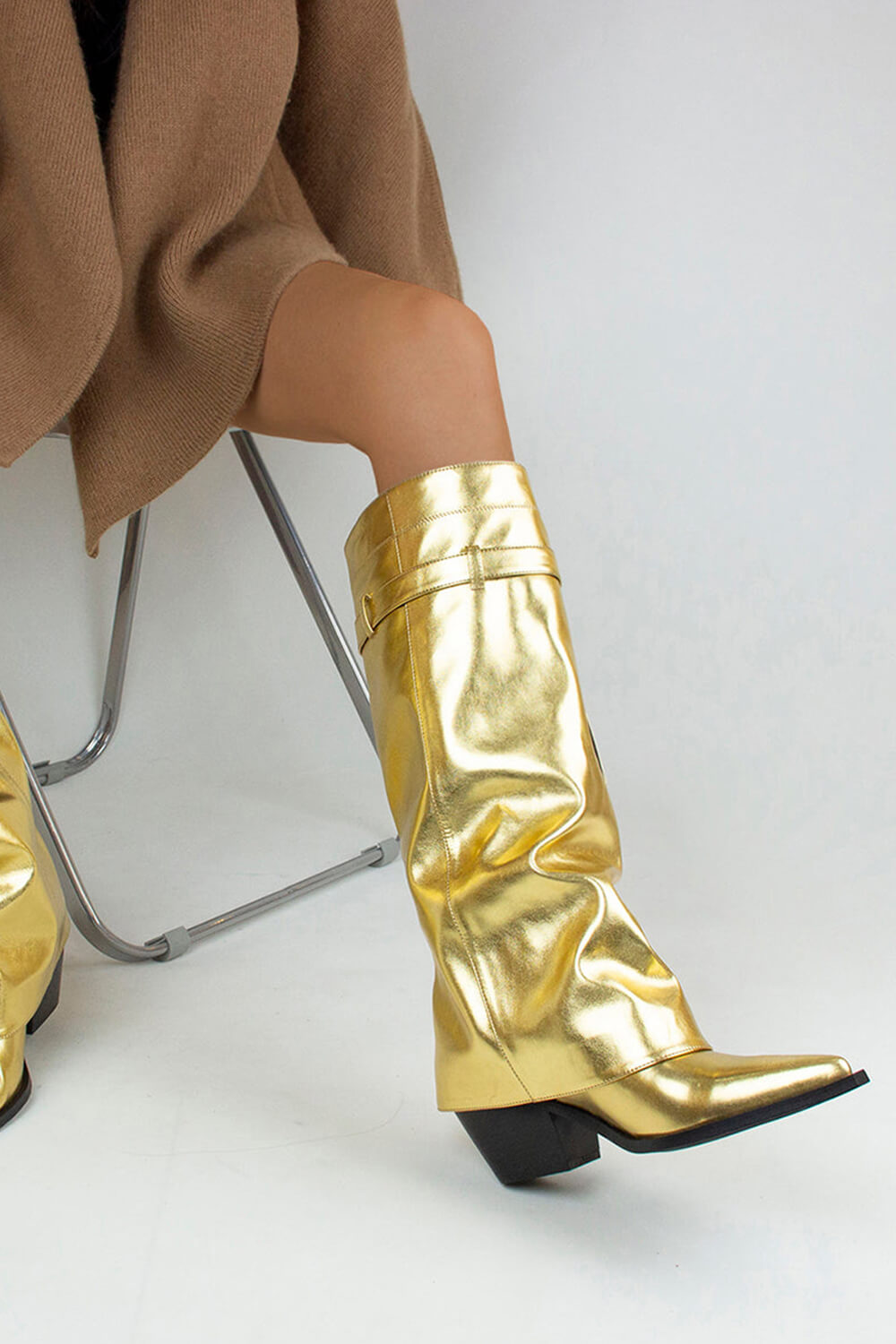 Metal Lock Pocket Detail Fold Over Pointed Toe Knee High Boots