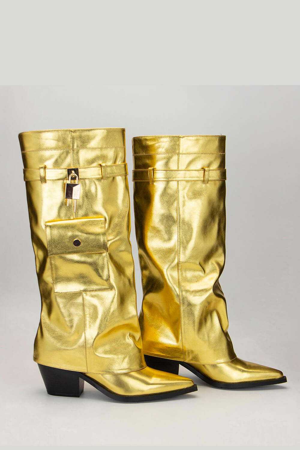 Metal Lock Pocket Detail Fold Over Pointed Toe Knee High Boots