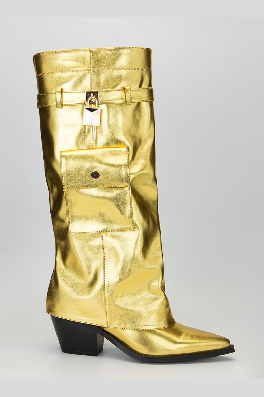 Metal Lock Pocket Detail Fold Over Pointed Toe Knee High Boots