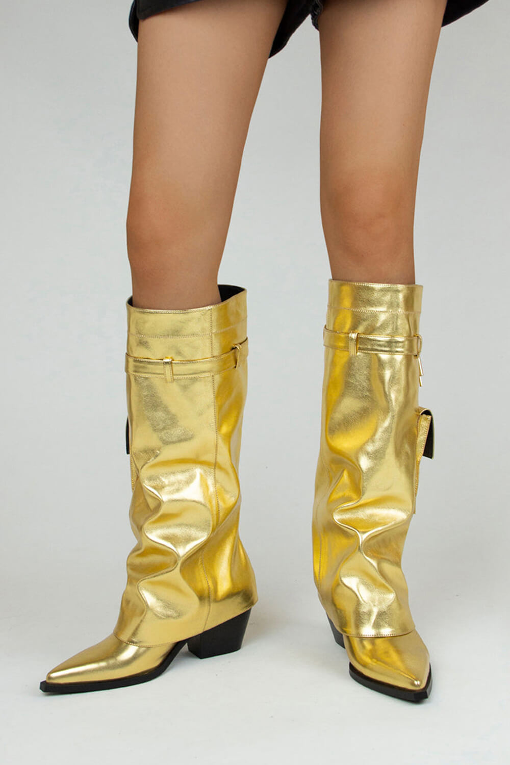 Metal Lock Pocket Detail Fold Over Pointed Toe Knee High Boots