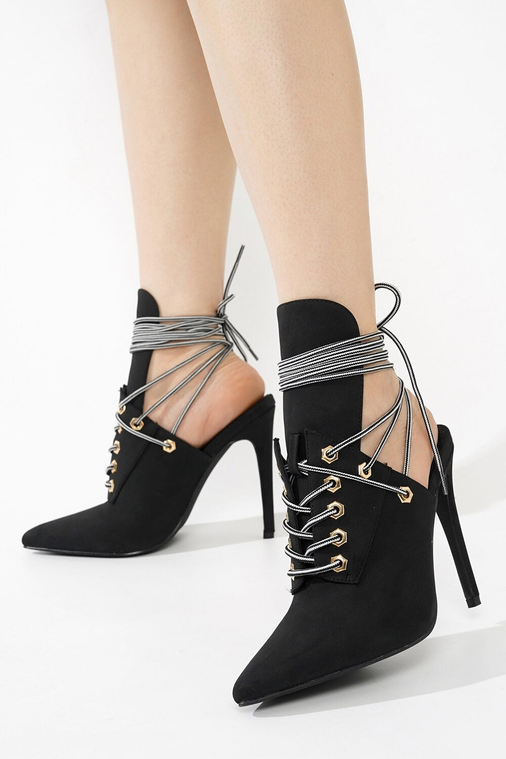 Faux Suede Lace Up Pointed Toe Booties