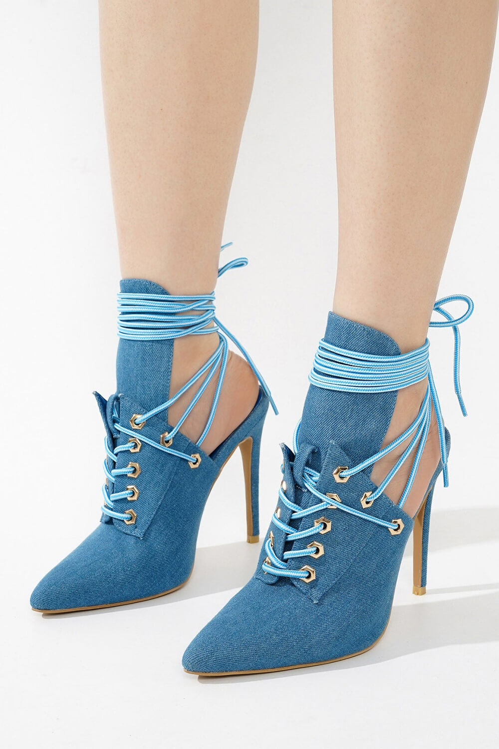 Denim Lace Up Pointed Toe Booties